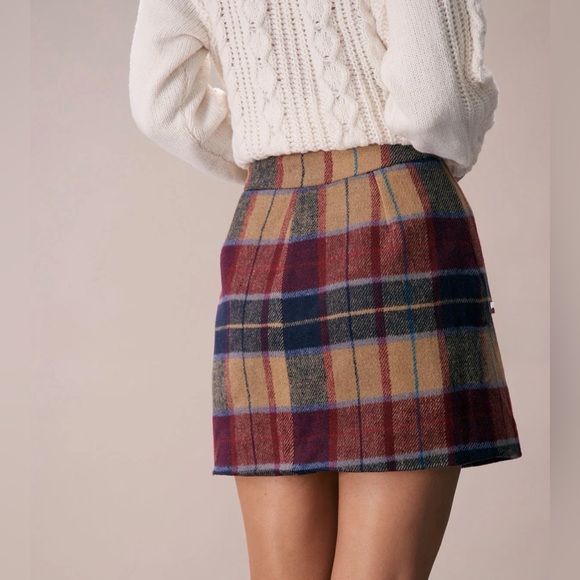 NWT RIHOAS Red Plaid Zipper Fly Tweed Flannel A-Line Mini Skirt - Picture 2 of 11